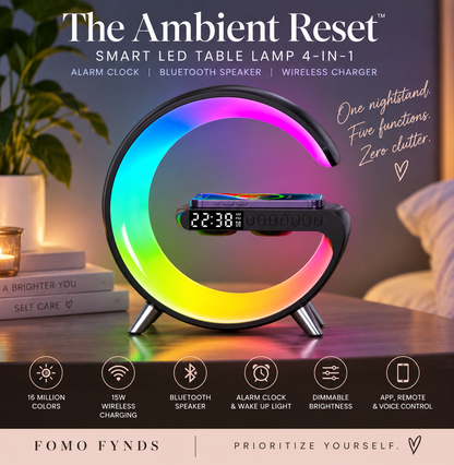 The Ambient Reset™ | Smart LED Table 4 in 1 Lamp | Alarm Clock, Bluetooth Speaker & Wireless Charger